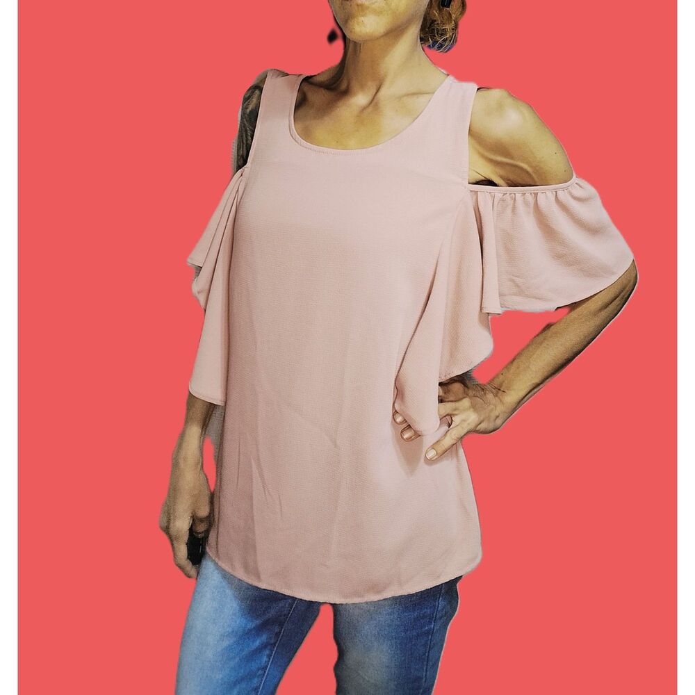 Bobeau ~ Blush Pink Cold Shoulder Ruffle Top ~ Size Medium